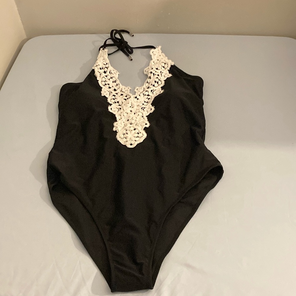 Elegant Black and White One Piece Swimsuit with Lace Detail